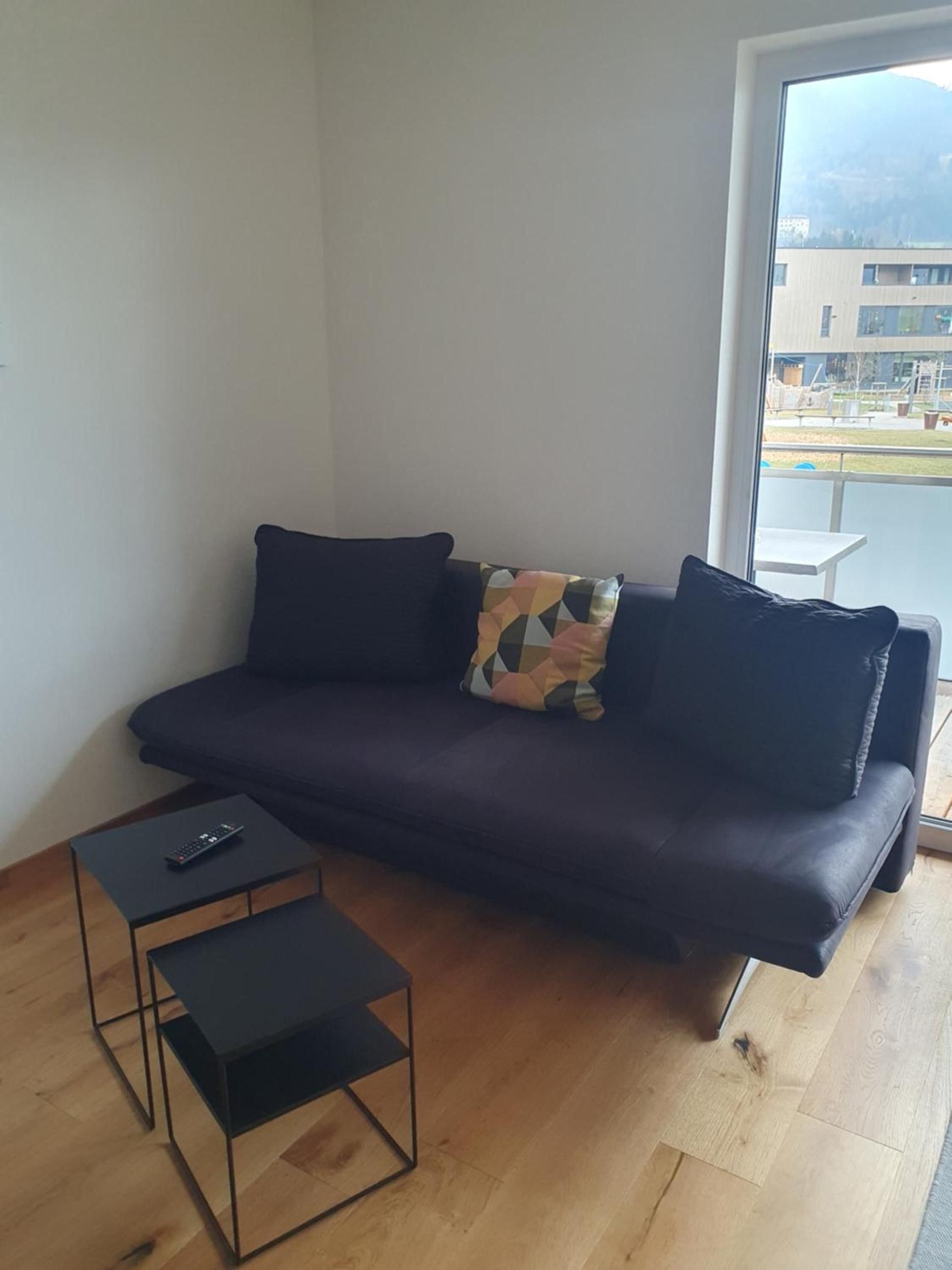A modern living room with a dark-colored sofa, a small black coffee table, and a patterned cushion.