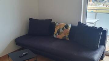 A modern living room with a dark-colored sofa, a small black coffee table, and a patterned cushion.