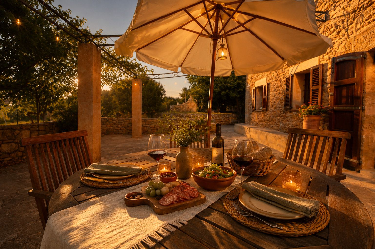 Un espace de restauration en plein air avec une table dressée pour deux personnes, agrémentée d’une bouteille de vin, de verres, de pain et d’un bol d’olives.