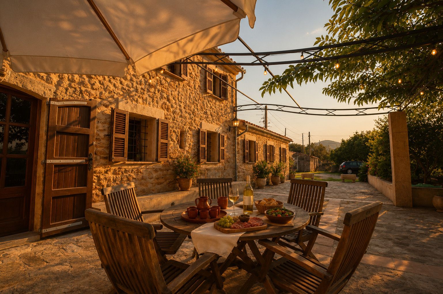 Un bâtiment en pierre avec une table de patio, des chaises et des plantes en pot.
