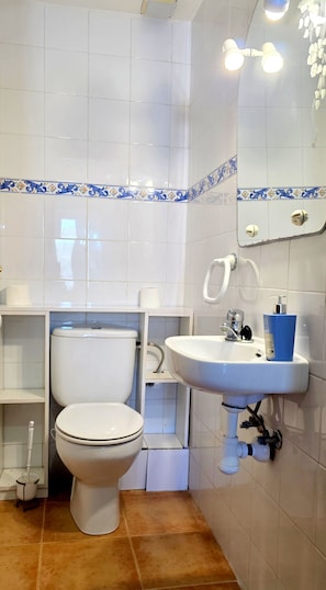 A bathroom with a toilet, sink, and mirror. - Chalet con Jardín Cerca de la Playa (Palma de Mallorca)