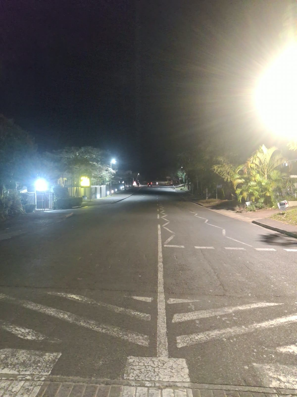 Vista nocturna de una calle con farolas, un paso de peatones y una carretera que conduce a un edificio con entrada vigilada.