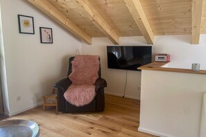 Un salon avec un téléviseur, un fauteuil, une petite table et un plafond en bois.