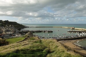 A coastal town with a harbor, boats, and a lighthouse. - Holiday apartment with 2 bedrooms (Ste. Honorine des Pertes)