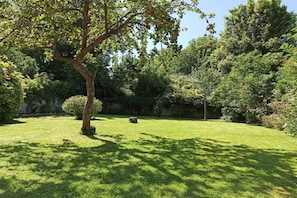 A well-maintained grassy area with a large tree providing shade, surrounded by dense shrubbery and trees. - Holiday apartment with 2 bedrooms (Ste. Honorine des Pertes)