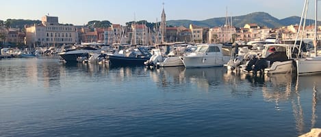 A marina with boats docked, a coastal town in the background, and a prominent building labeled 'HOTEL DELLA TOUR'.