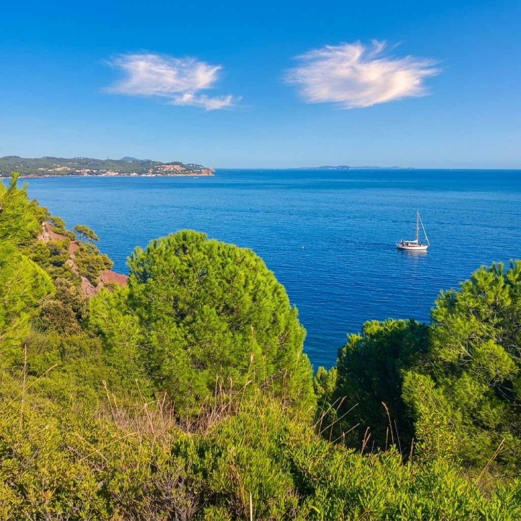 Un paisaje costero con vista despejada al mar, un barco y abundante vegetación verde.
