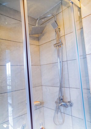 Ducha envuelta en vidrio con cabezal de ducha de mano y otro fijo en la pared.