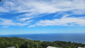A coastal landscape with a clear sky, power lines, and dense greenery. - KAz Bel Horizon welcomes you for a stay on this paradise island. (Saint-Leu)