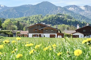 A wooden house with a sloped roof, surrounded by a field of yellow flowers and mountains in the background. - Holiday apartment with 0 bedrooms (Fischbachau)