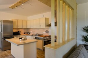 Een moderne keuken met een centraal eiland, roestvrijstalen apparatuur en lichtkleurige kastjes.