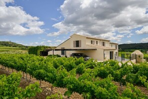 A two-story building with a vineyard in the foreground. - Holiday home with 5 bedrooms (Bagnols sur Cèze)