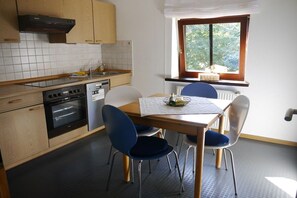 Eine kompakte Küche mit Herd, Backofen und Geschirrspüler, ein Esstisch mit Stühlen und ein Fenster mit Blick auf Grünflächen.