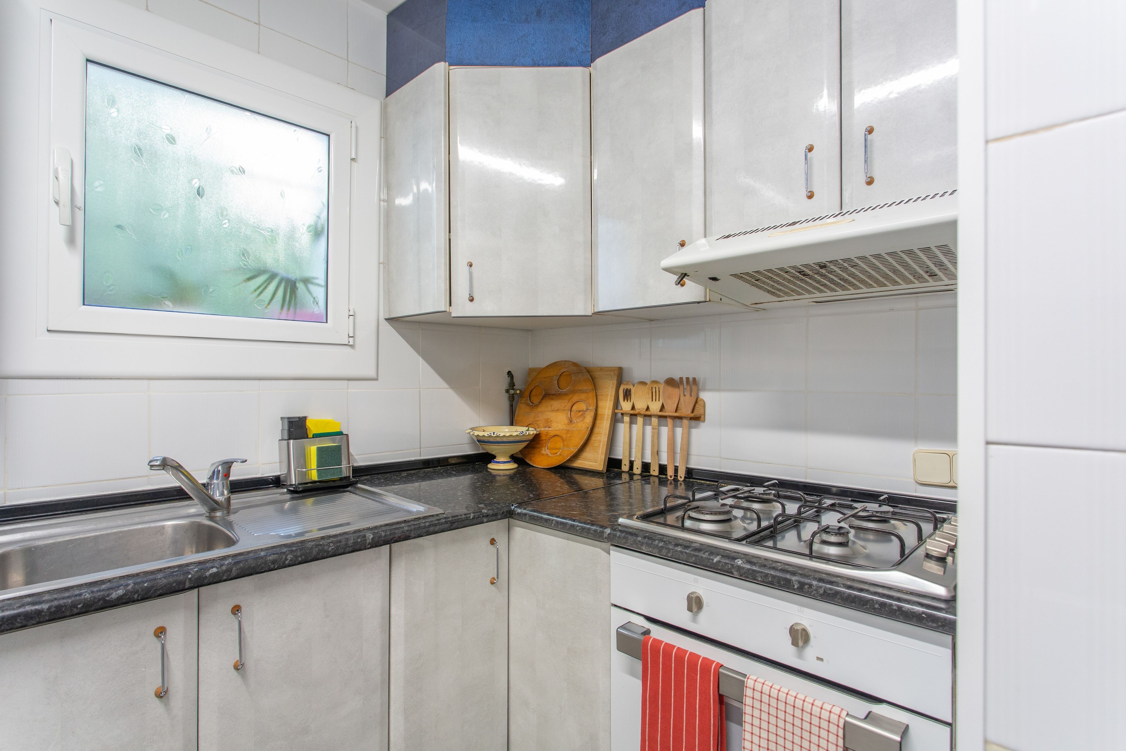 Cocina con armarios blancos, pileta de acero inoxidable, estufa y ventana con vista a árboles.