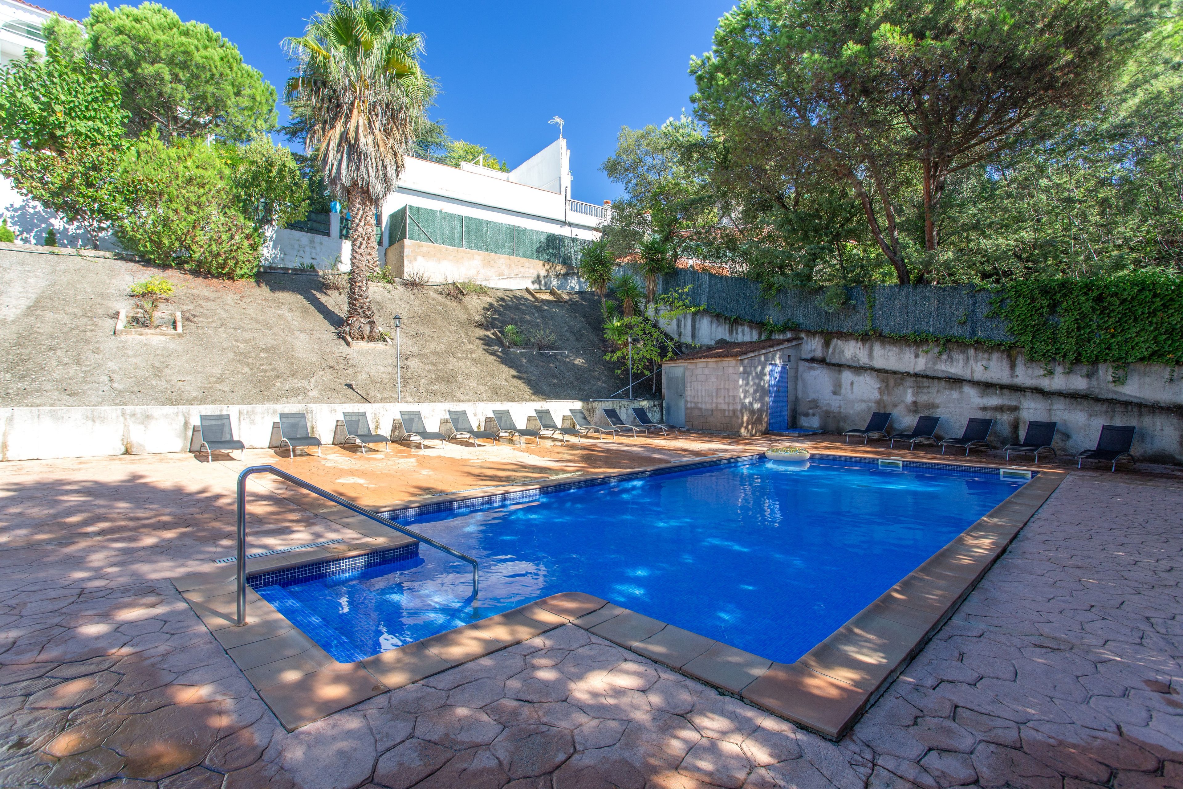 Una piscina con borde de baldosas, rodeada de sillas de descanso y un muro de piedra.