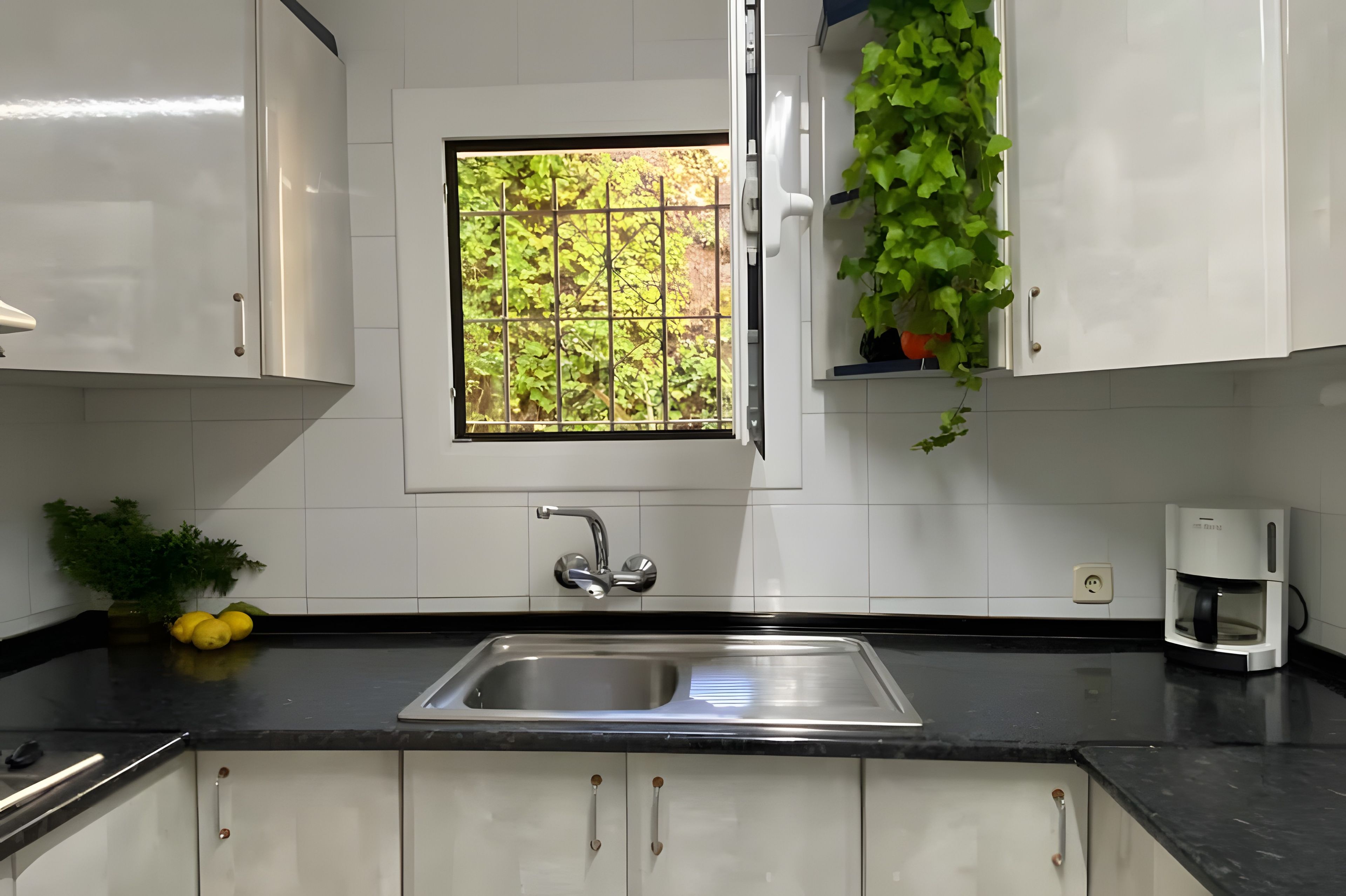 A kitchen with a stainless steel sink, a window with a view of greenery, and a coffee maker on the counter.
