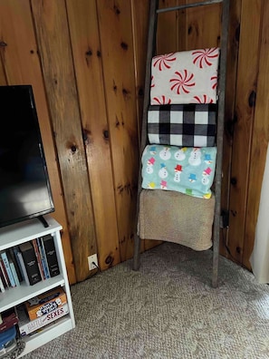 A corner of a room with a wooden wall, a white shelf with books, and a ladder with a patterned cushion.