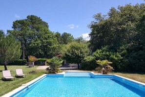 A rectangular swimming pool with a clear blue water surface, surrounded by a grassy area with two lounge chairs and a palm tree. - Holiday home with 2 bedrooms (Biscarrosse)