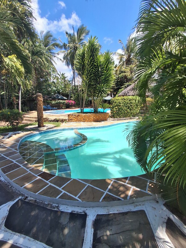 A swimming pool surrounded by palm trees and a stone pathway.