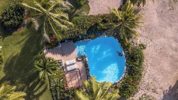 An aerial view of a resort with a swimming pool surrounded by palm trees and a beach area.