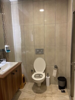 A bathroom with a toilet, sink, and shower area. - One Bedroom Apartment Near Beykent Metrobus Station (Istanbul)