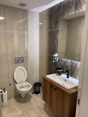 A modern bathroom with a toilet, sink, and mirror. - One Bedroom Apartment Near Beykent Metrobus Station (Istanbul)
