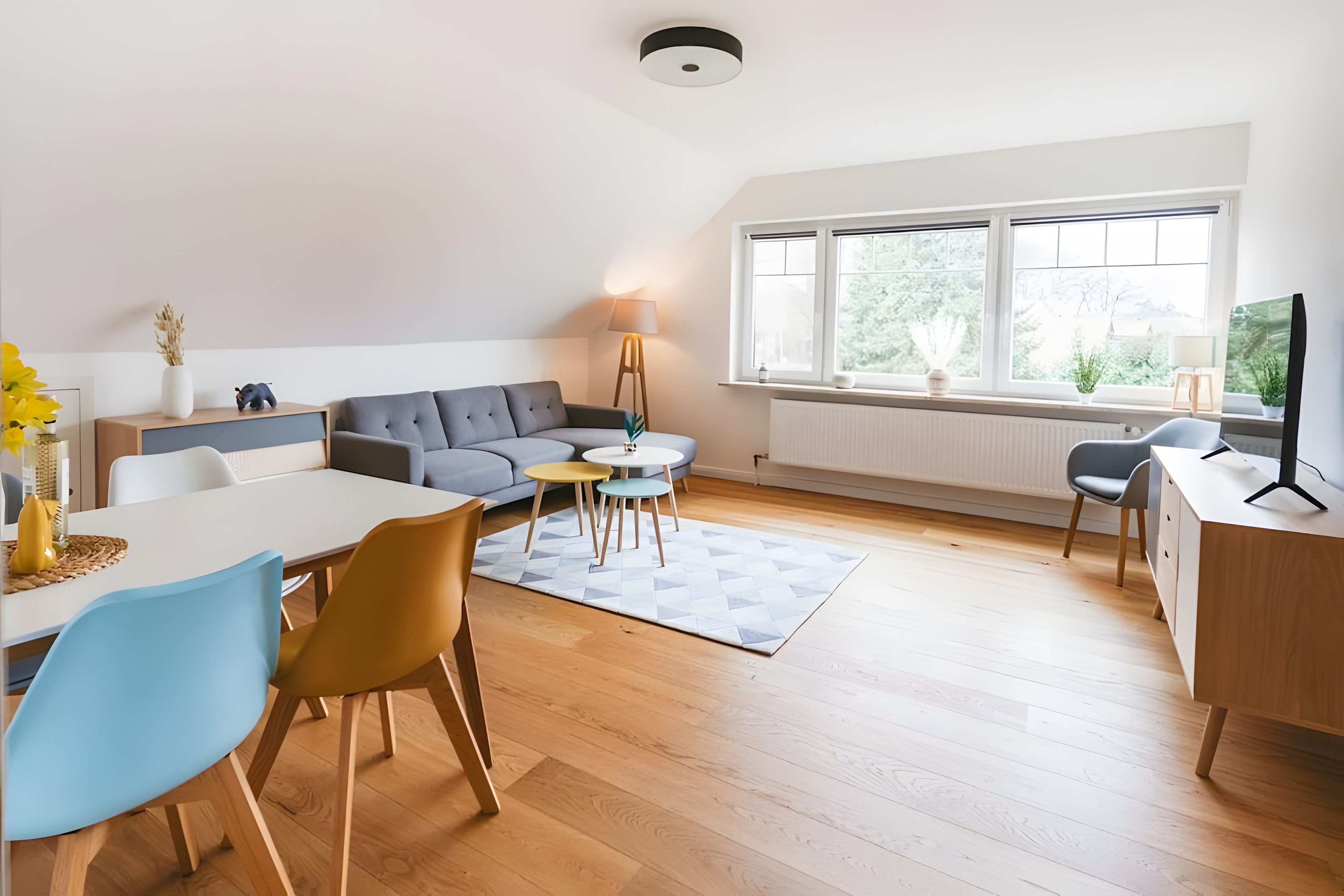 Una sala de estar moderna con un sofá, una mesa de comedor, sillas, una lámpara y un televisor.