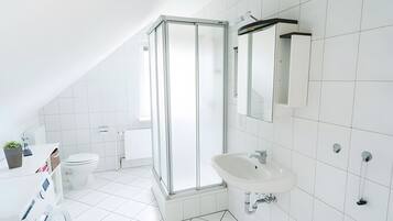 A modern bathroom with a glass shower enclosure, a white sink, and a toilet.