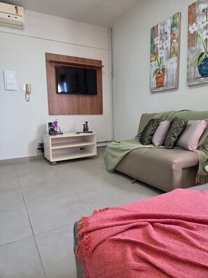 A room with a sofa, a television mounted on a wooden panel, a small shelf with decorative items, and a pink blanket on the floor. - EdifÃcio 1125 (São José do Rio Preto)