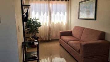 A living room with a sofa, a potted plant, a TV stand, and a framed picture on the wall.