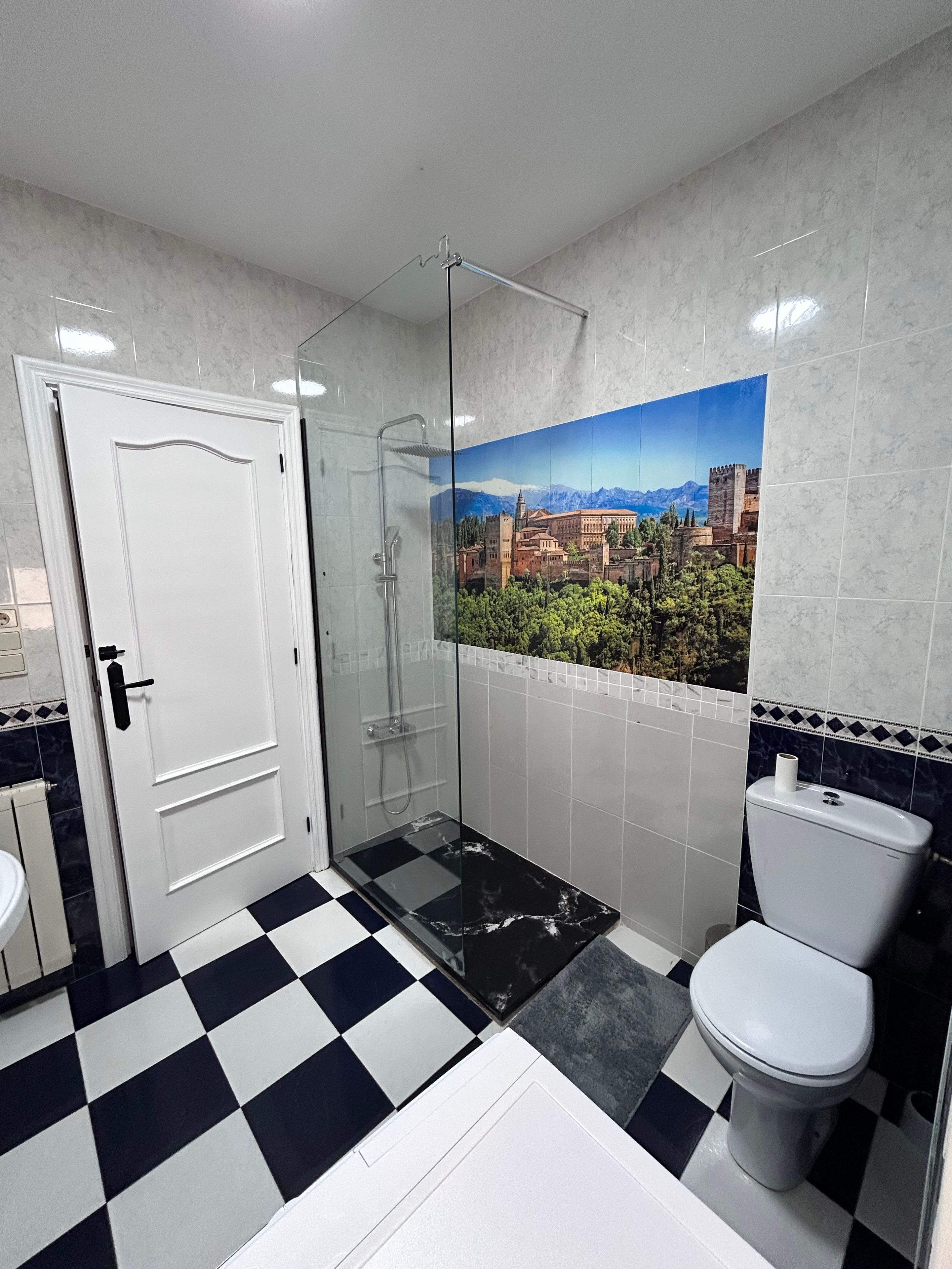 Une salle de bain avec un carrelage à motifs géométriques, une cabine de douche en verre, des toilettes et une porte dotée d’une poignée.