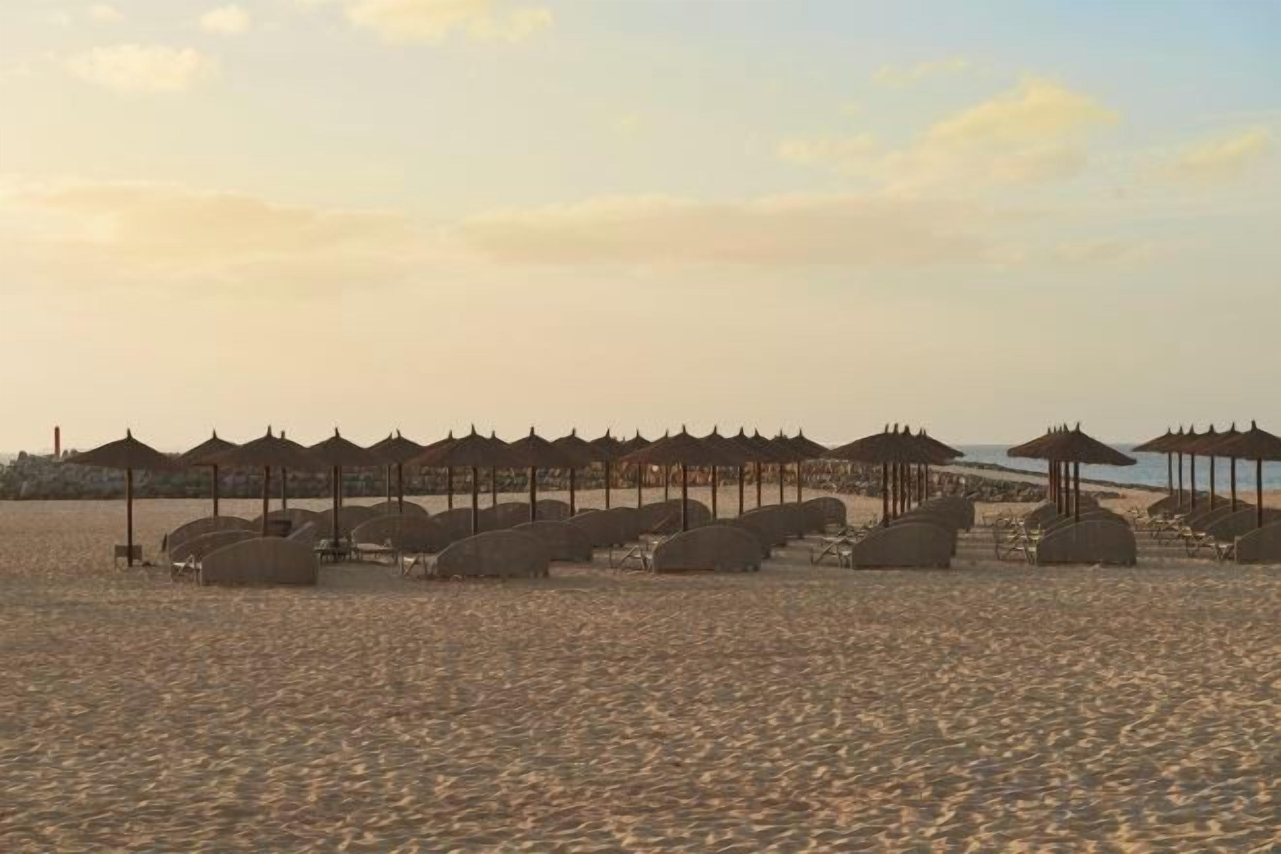 Uma praia com fileiras de guarda-sóis e espreguiçadeiras.