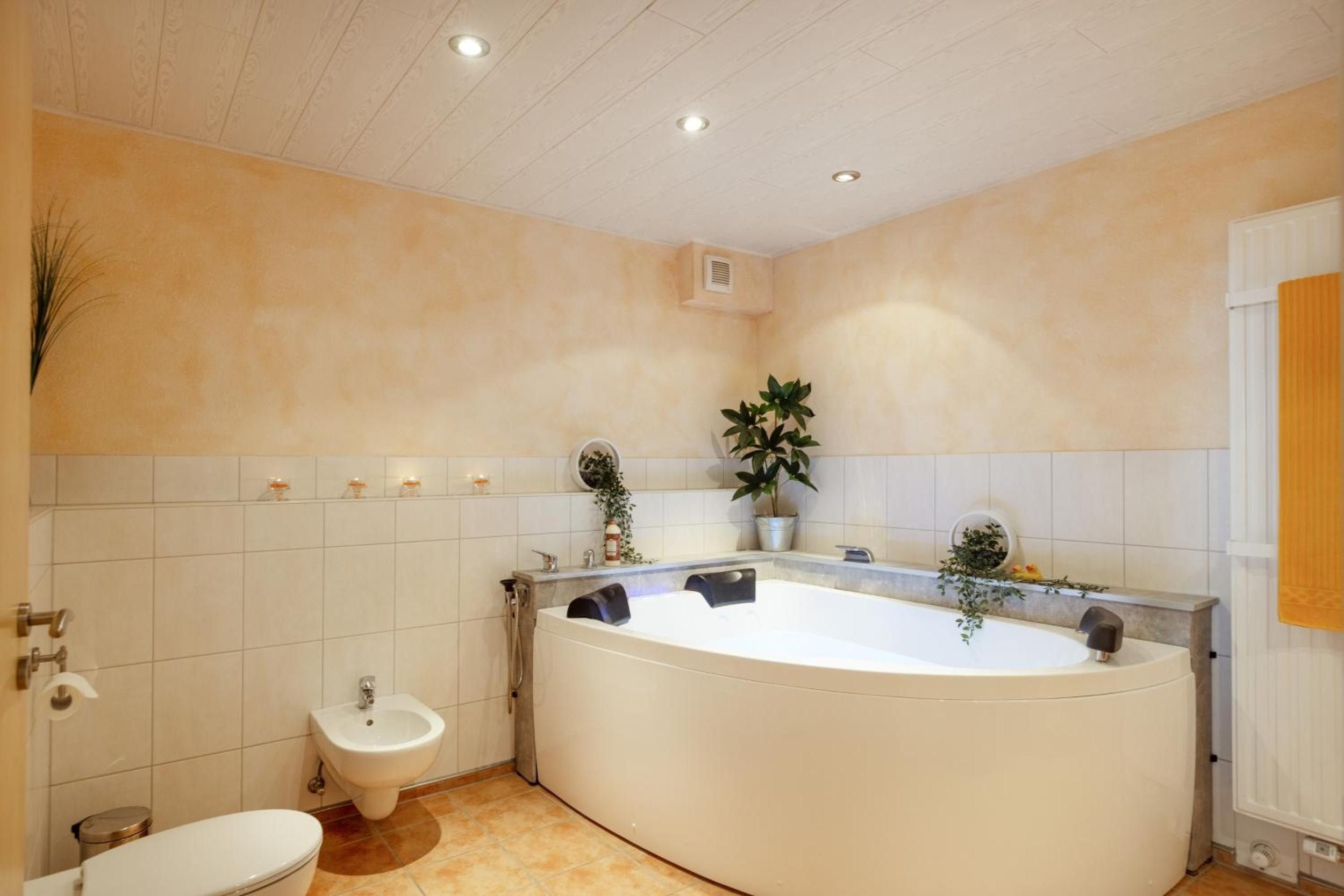 Une salle de bain avec une baignoire, un bidet et des toilettes.
