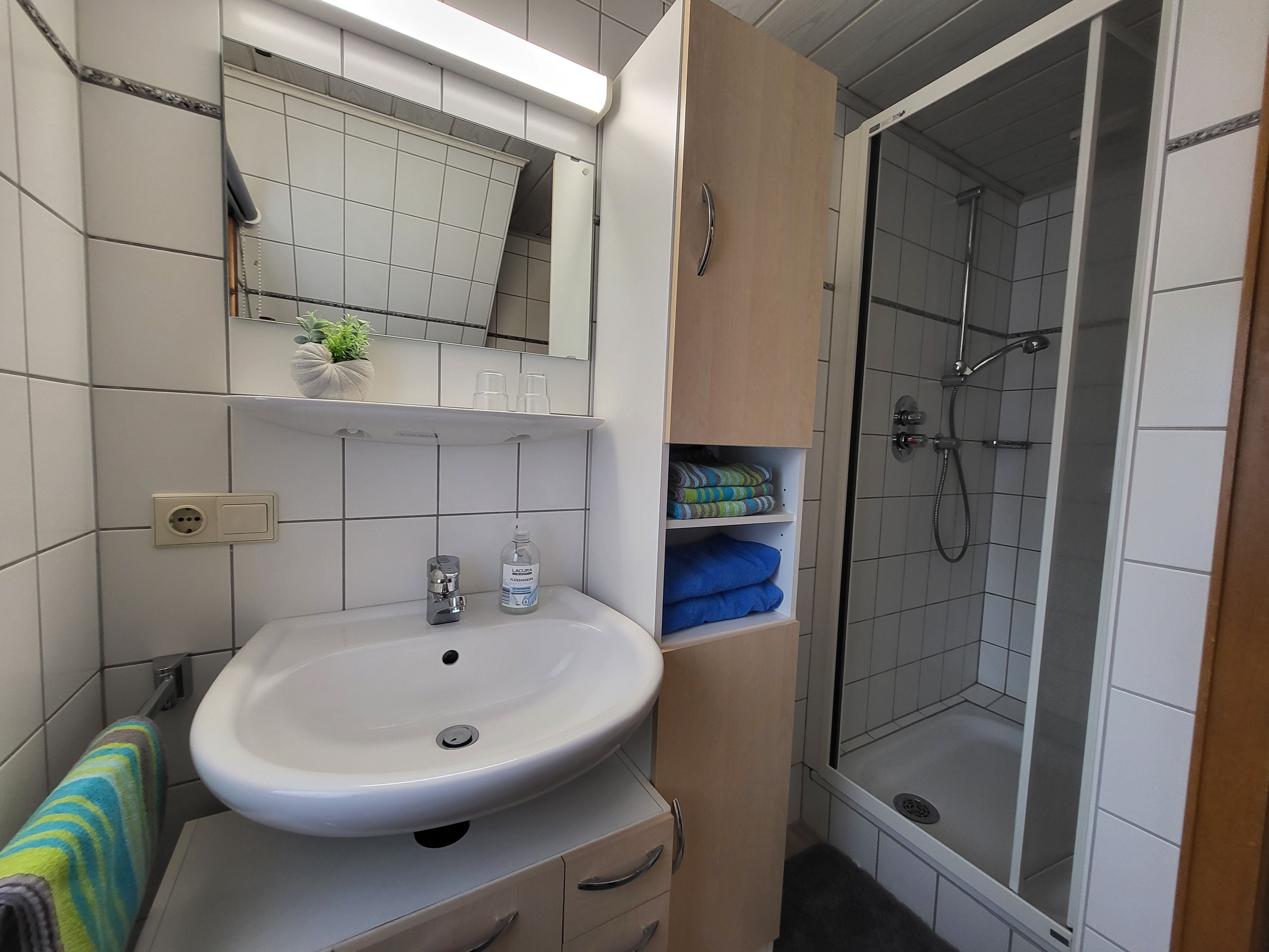 Ein Badezimmer mit Waschbecken, Spiegel, Handtuchhalter und Dusche.