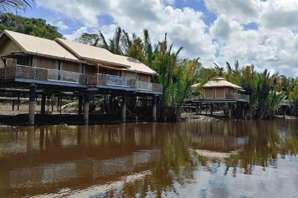 A bungalow-style hotel with a water view, overwater structure, and tropical vegetation.
