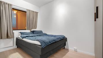 A bedroom with a bed, curtains, a window, and a door.