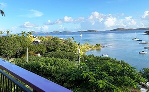 A coastal landscape with boats, greenery, and a clear sky. - Blue Seas 11E Lavender Hill: Ocean Views, Pool & Walk-to-Town Location (St. John)