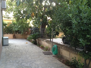 A paved outdoor area with a metal fence, a green hose, and various plants. - Holiday Home 'Els Pins' with Private Terrace, Wi-Fi and Air Conditioning (Port d'Alcúdia)