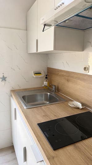 A kitchen with a wooden countertop, stainless steel sink, and a black induction cooktop.