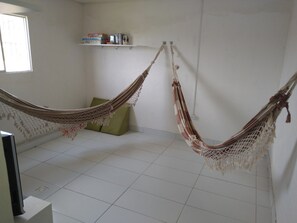 Ein Zimmer mit einer Hängematte, einem grünen Kissen und einem Regal mit Büchern und einer Kiste.
