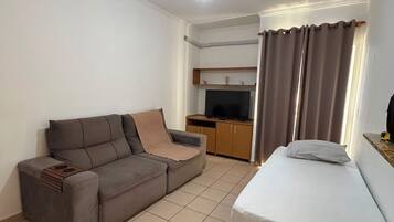 Une pièce comprenant un lit, un canapé, une télévision et un ventilateur de plafond.
