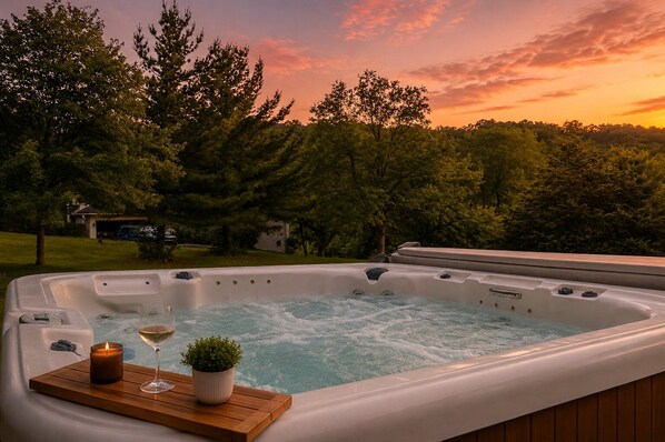 Ein Whirlpool mit einer Holzterrasse, einer Kerze und einem Glas Wein.