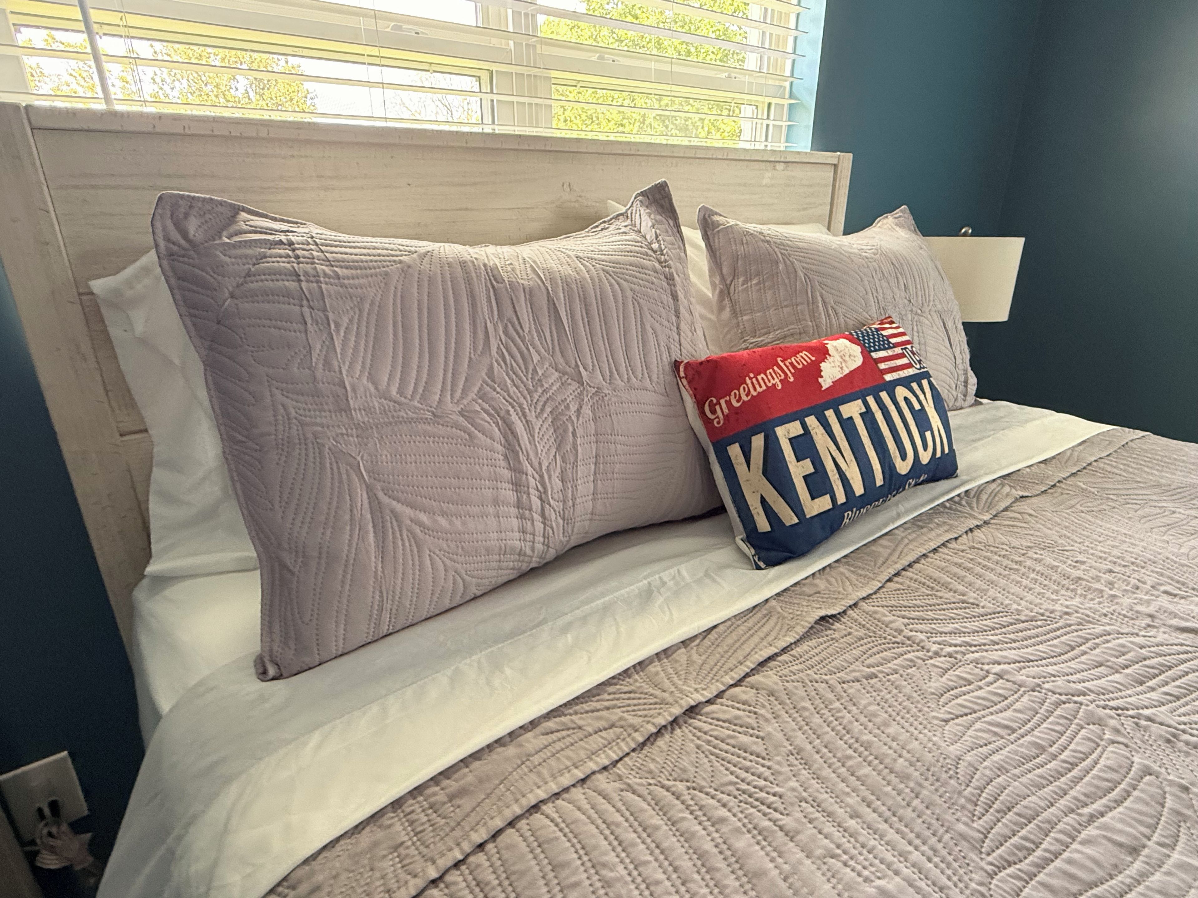 A bed with a quilted headboard, a pillow with 'Greetings from Kentucky' text, and a window with blinds.