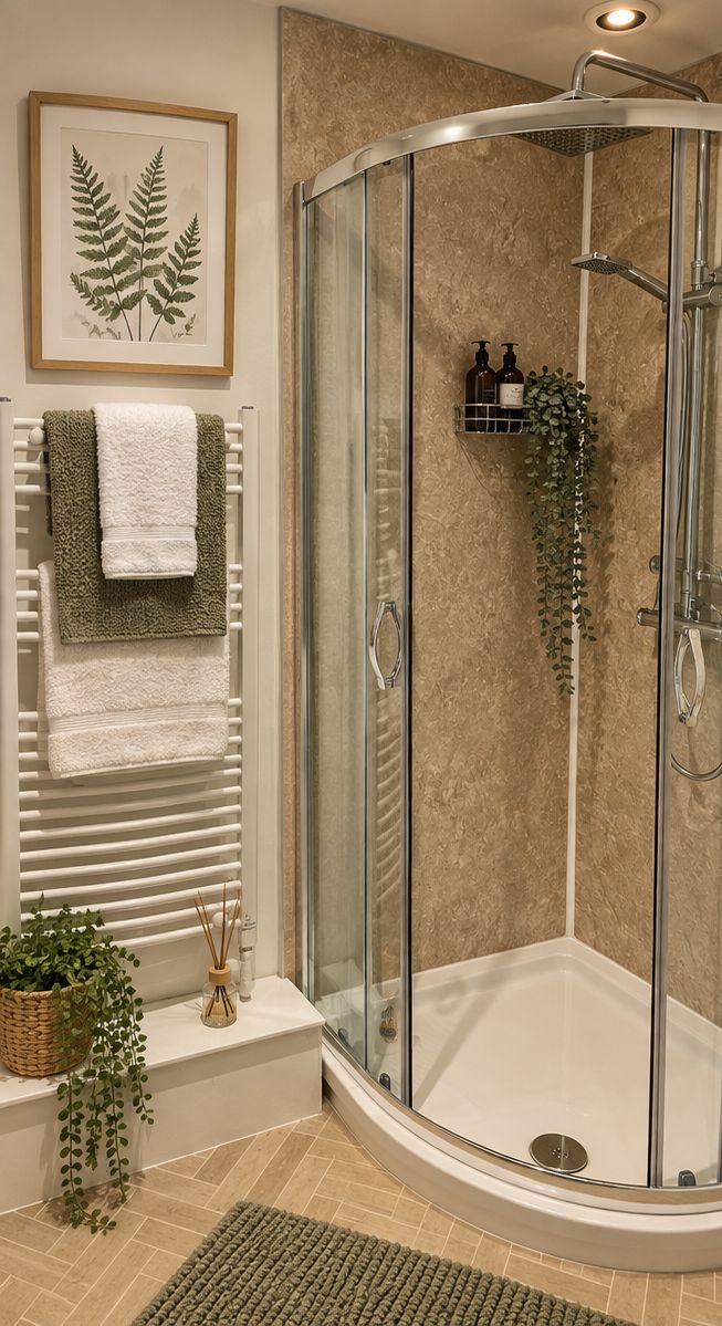 Un box de ducha moderno con puerta de cristal, un perchero con toallas dobladas e impresión botánica enmarcada en la pared.