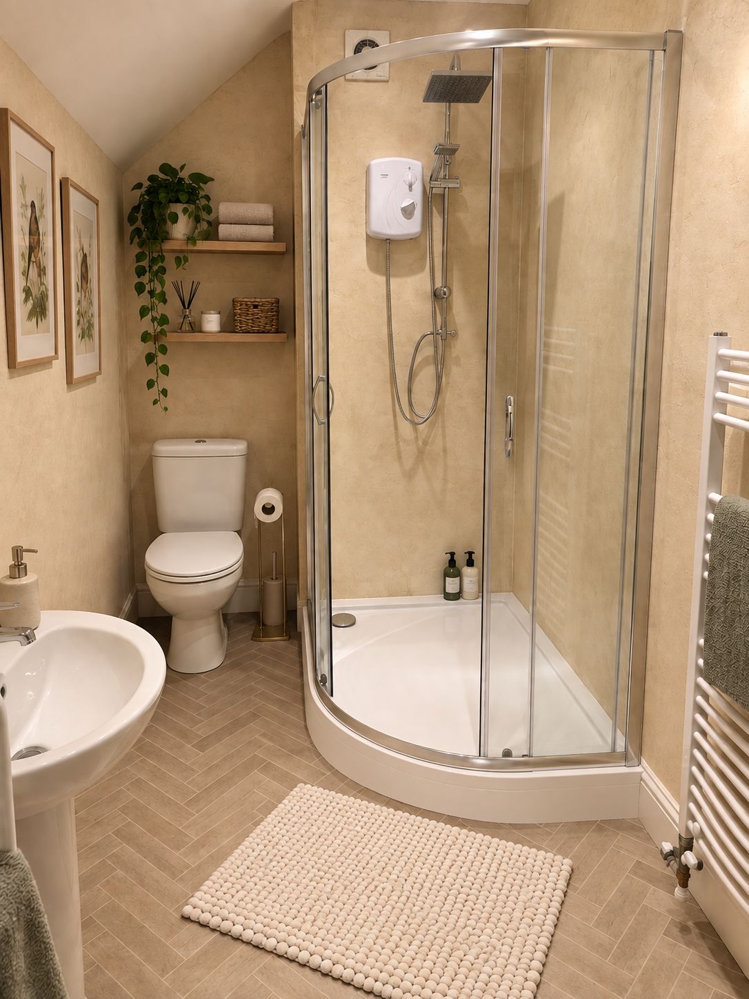 Een badkamer met een douchecabine van glas, een toilet, een wastafel en een klein plankje met een plantje.