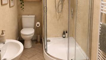 Een badkamer met een douchecabine van glas, een toilet, een wastafel en een klein plankje met een plantje.