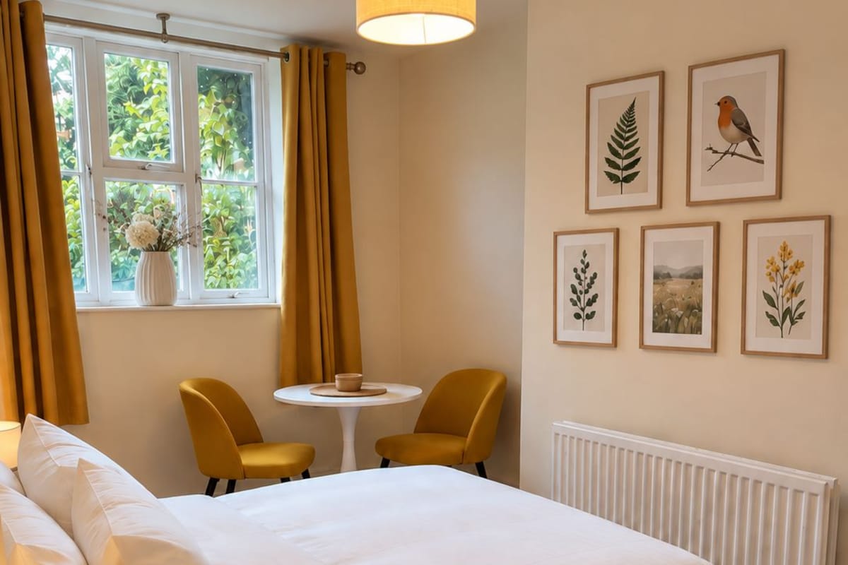 A hotel room with a large bed, two chairs, a small table, and a window with curtains. There are framed botanical prints on the wall.