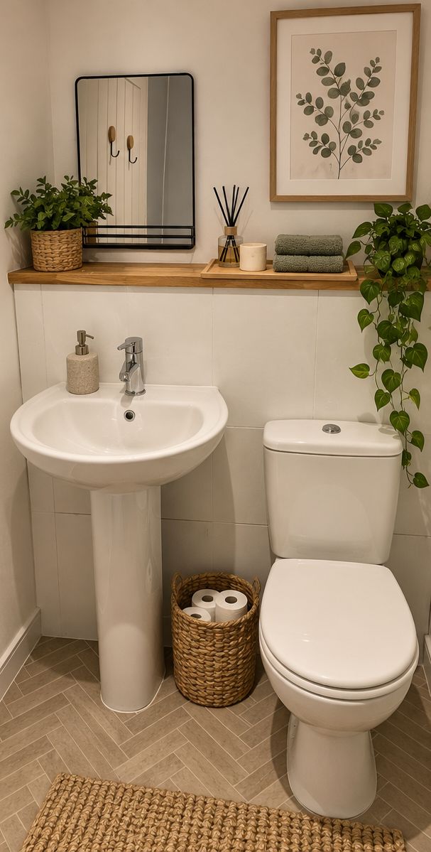 A bathroom with a white sink, toilet, and a mirror above the sink. There is a framed plant on the wall and a basket with toiletries.