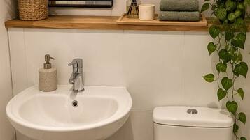 A bathroom with a white sink, toilet, and a mirror above the sink. There is a framed plant on the wall and a basket with toiletries.