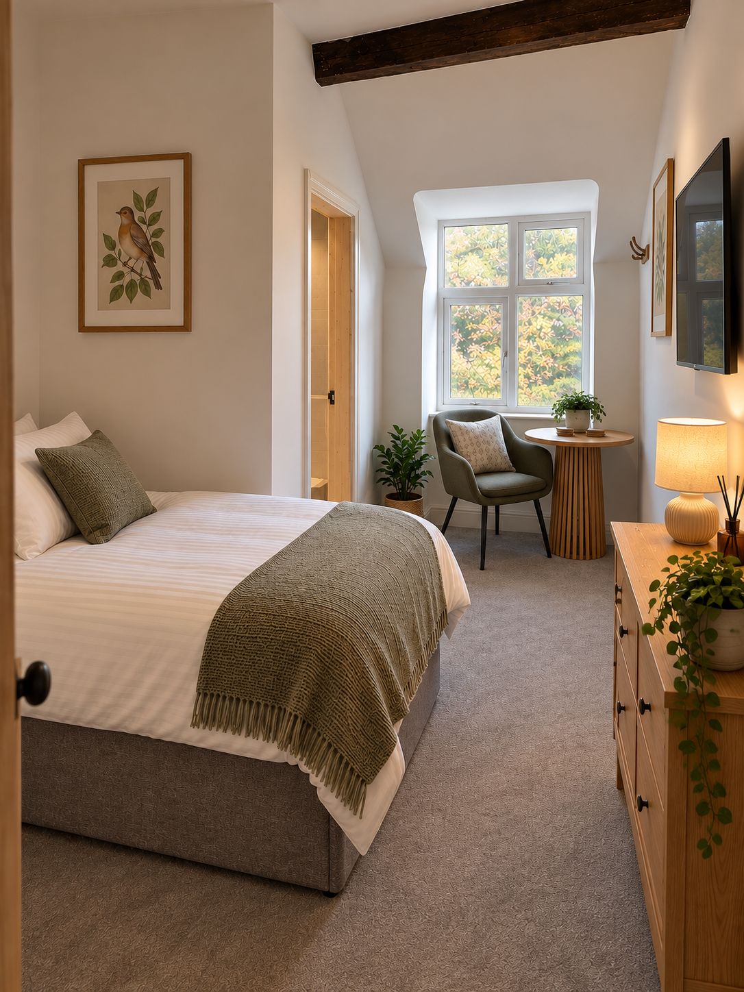 A bedroom with a bed, a chair, a desk, a window, and a plant.